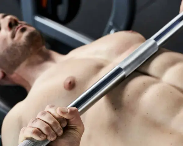 Uomo a petto nudo che solleva un bilanciere, un esempio di allenamento per l'ipertrofia muscolare.