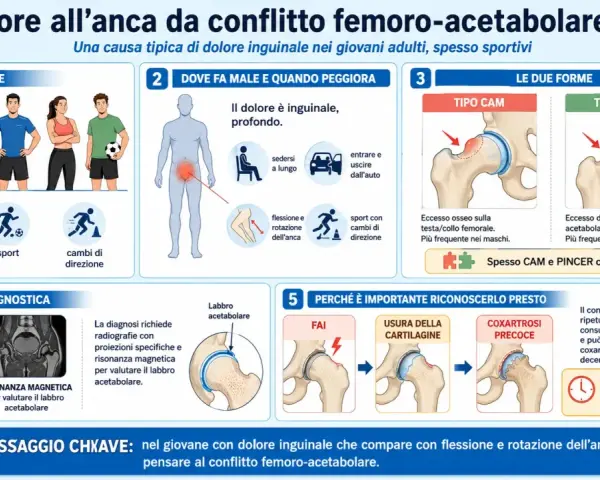 Il conflitto femoro-acetabolare causa dolore all'anca, specialmente in sportivi. Illustra le forme CAM e Pincer, diagnosi e conseguenze.