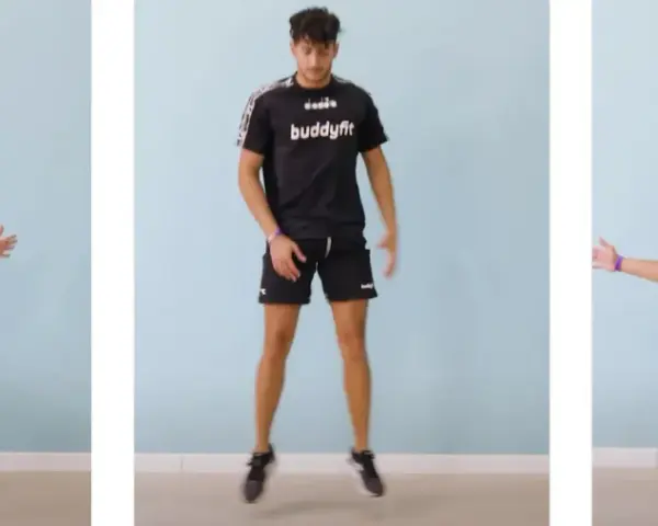 Giovane atleta in tenuta sportiva esegue esercizi di tabata. Tre pose mostrano un movimento dinamico di squat e salto.