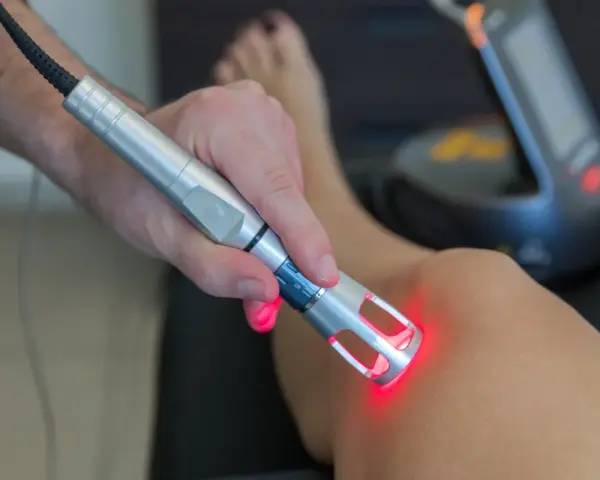 Trattamento con laser su ginocchio. La laserterapia è sicura, ma alcuni effetti collaterali lievi sono possibili.