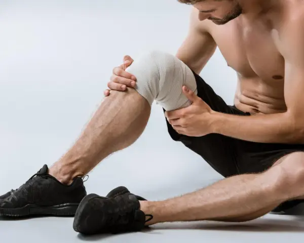Uomo con ginocchio fasciato, pronto per esercizi per menisco lesionato.
