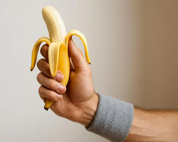 Una mano con polsino grigio tiene una banana sbucciata, pronta per la banana prima della partita.