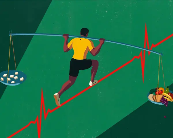 Un atleta corre su una linea che rappresenta un elettrocardiogramma, bilanciando pillole e cibo sano. Quante uova si possono mangiare al giorno?