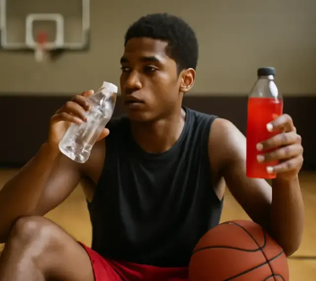 Giovane giocatore di basket, seduto sul parquet, beve da una bottiglia d'acqua e tiene in mano una bevanda rossa, essenziale per il recupero muscolare gambe dopo l'allenamento.