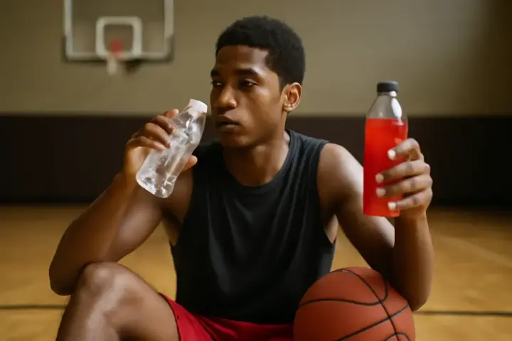 Giovane giocatore di basket, seduto sul parquet, beve da una bottiglia d'acqua e tiene in mano una bevanda rossa, essenziale per il recupero muscolare gambe dopo l'allenamento.