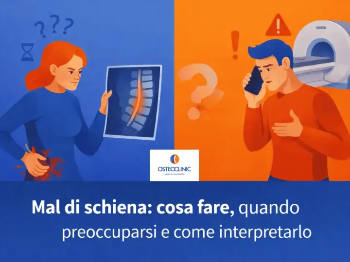 Donna con dolore alla schiena che scrocchia zona lombare guarda una radiografia. Uomo al telefono con risonanza magnetica sullo sfondo.