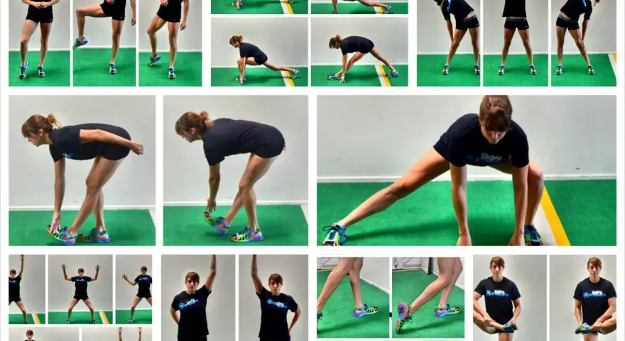 Collage di esercizi di stretching statico: affondi, torsioni, piegamenti e allungamenti delle gambe.