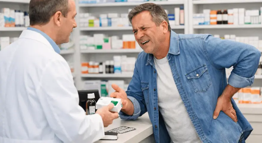 Farmacista consegna farmaco a uomo con mal di schiena, preoccupato per la terapia del dolore schiena effetti collaterali.
