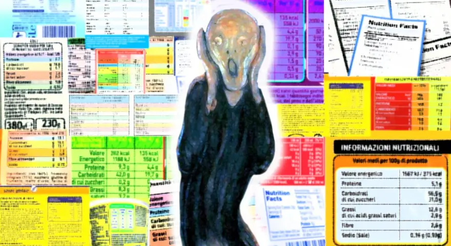 L'Urlo di Munch circondato da etichette nutrizionali, un grido contro l'eccesso di carboidrati di cui zuccheri.