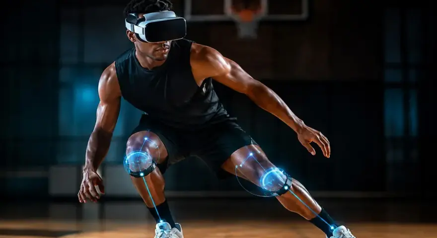 Atleta in VR, con sensori sui ginocchi che mappano i fusi neuromuscolari per un allenamento ottimizzato.