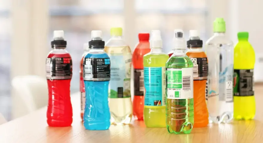 Una selezione di bevande colorate, ideali per capire cosa bere durante l'allenamento in palestra.