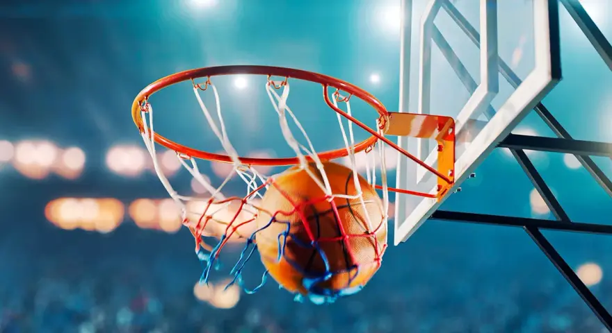 Un canestro di pallacanestro con la palla che entra nella retina. Un'immagine che evoca la soddisfazione di raggiungere il proprio fabbisogno nutrizionale giornaliero.