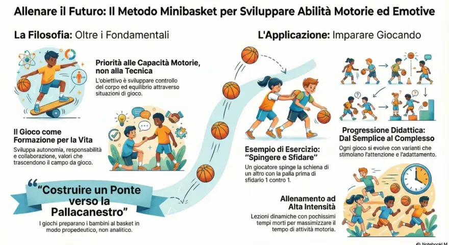 Illustrazione che mostra bambini che sviluppano **abilità motorie** giocando a basket, con enfasi su controllo del corpo, equilibrio e apprendimento ludico.