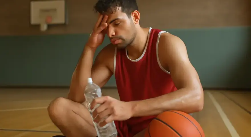 Giocatore di basket esausto, con pallone e bottiglia d'acqua, pensa al suo apporto proteico per recuperare.