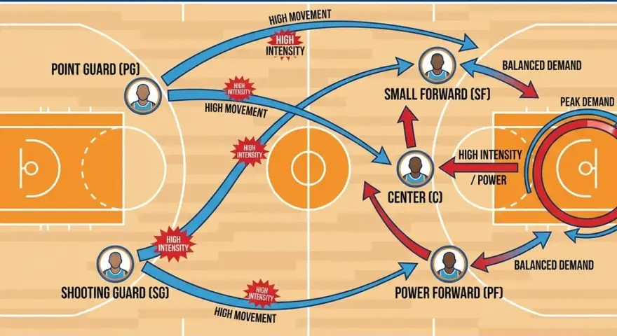 Infografica sulle posizioni nel basket e il loro fabbisogno energetico. Le frecce blu indicano movimento, i marcatori rossi intensità.