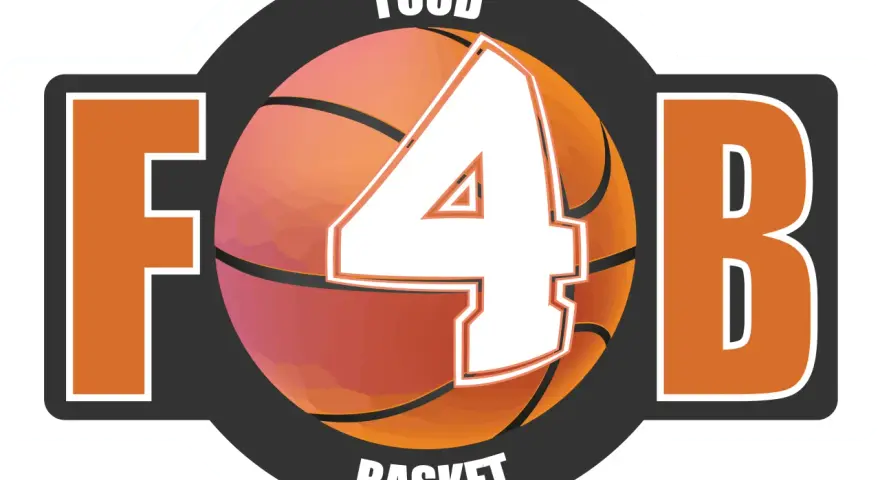 Logo "Food 4 Basket" con palla da basket e numero 4. Un invito a un sano introito calorico per gli atleti.