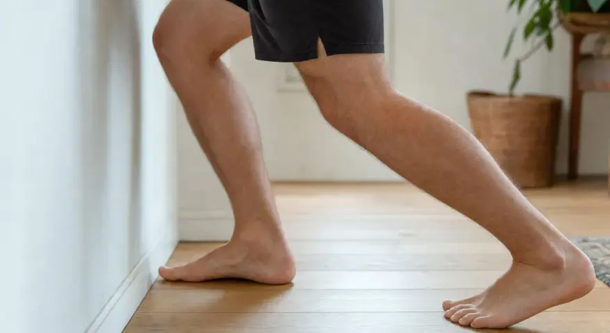 Uomo che allunga i polpacci appoggiando il piede al muro, scoprendo i benefici del toccare le punte dei piedi.