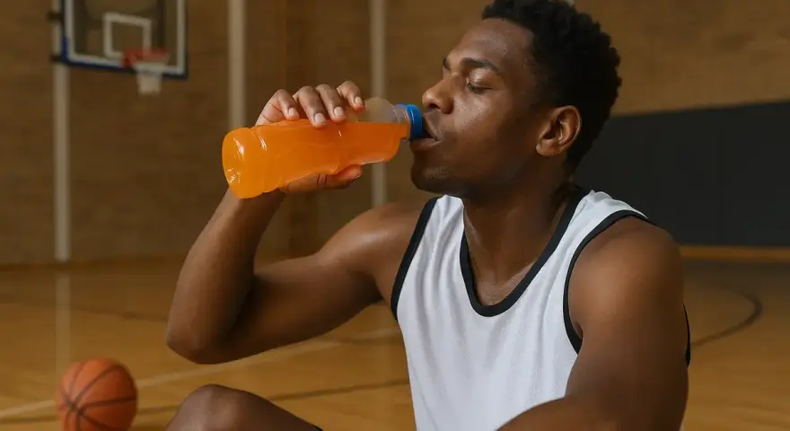 Giocatore di basket si disseta con una bevanda sportiva arancione in palestra. Un modo efficace per capire come idratarsi dopo l'allenamento.
