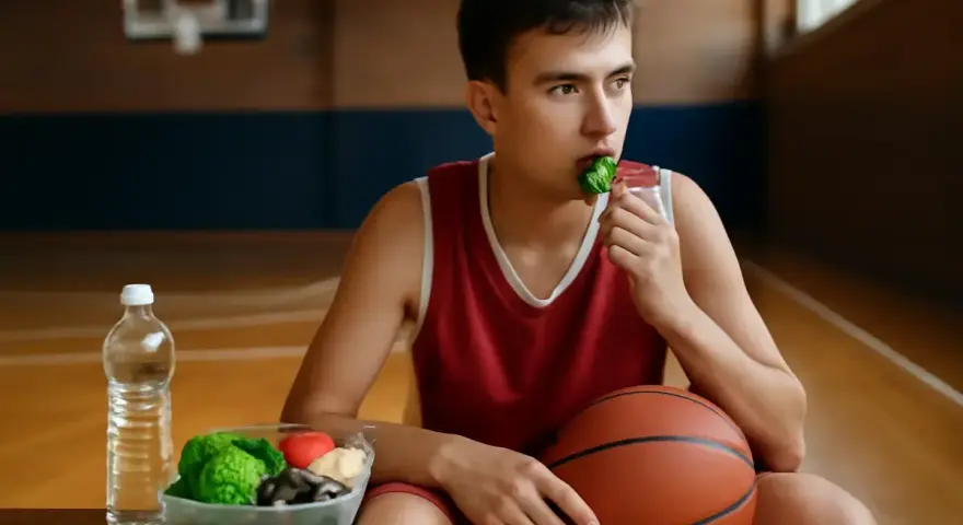 Giovane giocatore di basket mangia verdure, pensando a quali carboidrati sono essenziali per la sua energia.