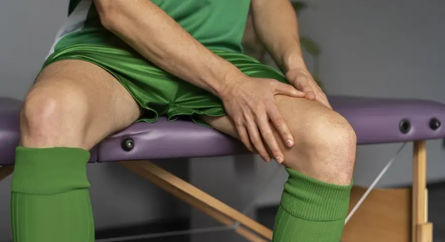 Atleta con ginocchio lasso, seduto su lettino da massaggio, con mani che stringono la gamba.