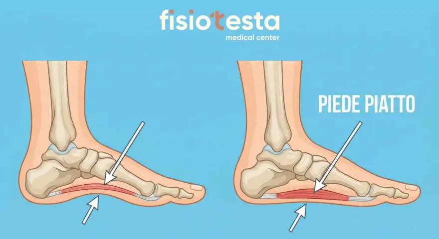 Confronto tra un piede normale e un piede piatto, con frecce che indicano l'arco plantare. Utile per capire gli esercizi per piedi piatti.