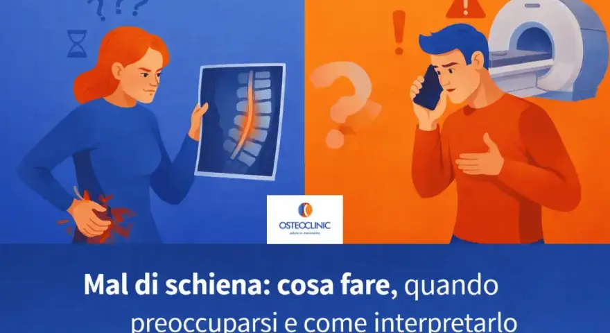 Donna con dolore alla schiena che scrocchia zona lombare guarda una radiografia. Uomo al telefono con risonanza magnetica sullo sfondo.