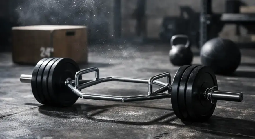 Barra esagonale con pesi, pronta per allenamenti di forza esplosiva. Kettlebell e palla medica sullo sfondo.