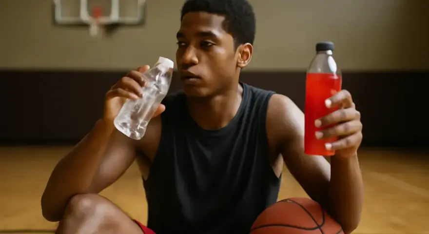 Giovane giocatore di basket, seduto sul parquet, beve da una bottiglia d'acqua e tiene in mano una bevanda rossa, essenziale per il recupero muscolare gambe dopo l'allenamento.