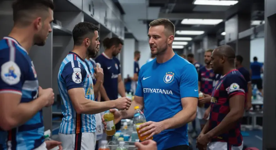 Giocatori di calcio si scambiano bevande energetiche, un ottimo modo per capire cosa bere prima di una partita di calcio.