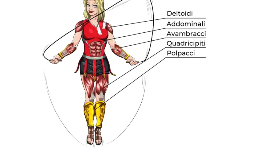 Illustrazione anatomica di una donna che fa salto con la corda, evidenziando i muscoli coinvolti: deltoidi, addominali, avambracci, quadricipiti e polpacci.