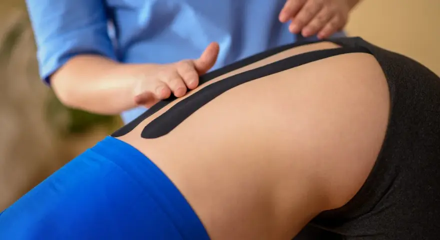 Applicazione di taping per alleviare il colpo della strega. Rimedi e supporto per il dolore lombare.