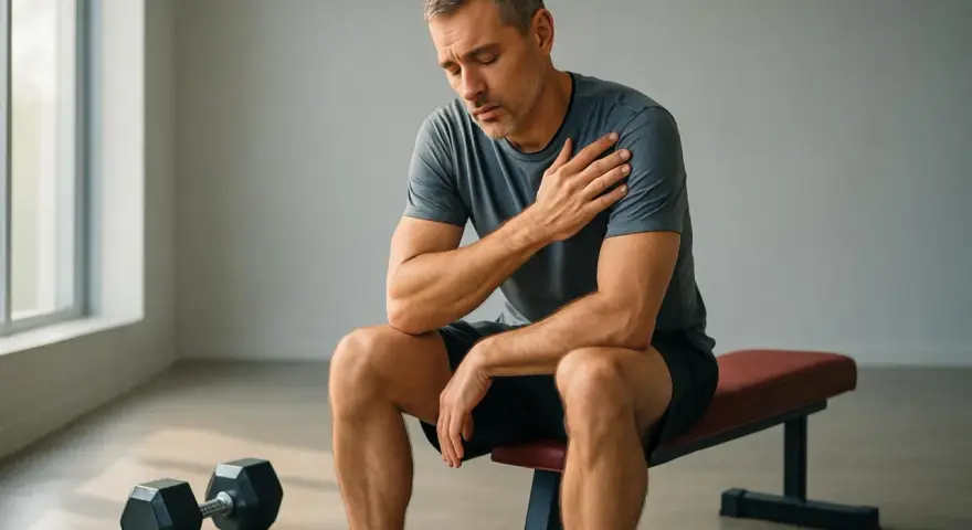 Uomo con dolore alla spalla dopo allenamento. I DOMS fanno crescere i muscoli, ma a volte il prezzo è alto.