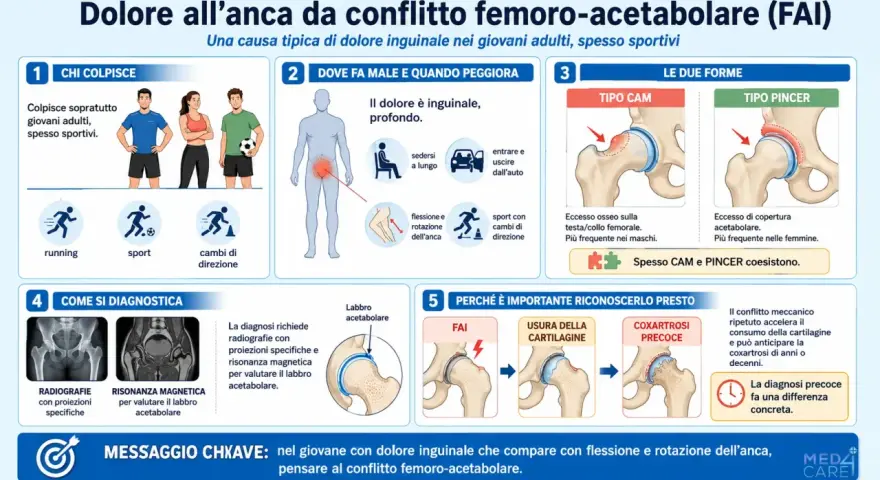 Il conflitto femoro-acetabolare causa dolore all'anca, specialmente in sportivi. Illustra le forme CAM e Pincer, diagnosi e conseguenze.
