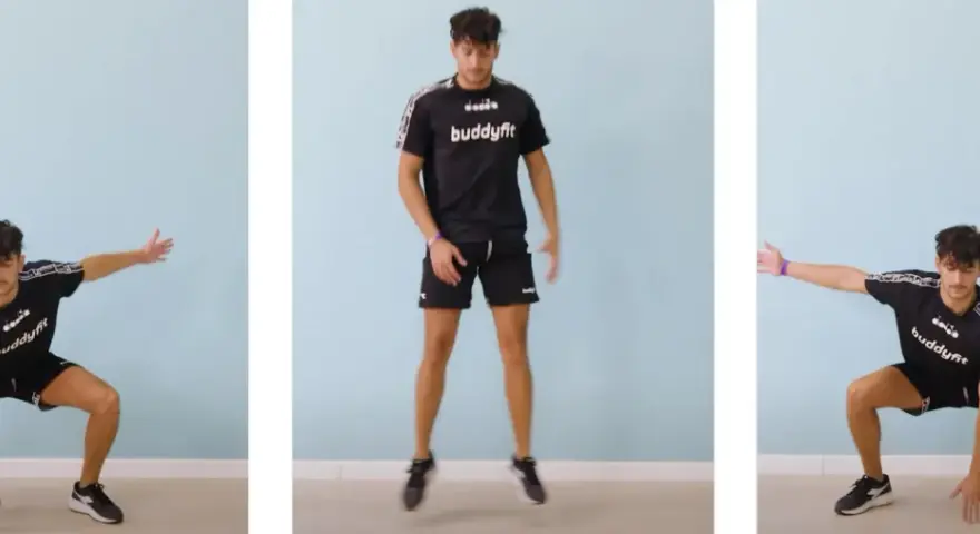 Giovane atleta in tenuta sportiva esegue esercizi di tabata. Tre pose mostrano un movimento dinamico di squat e salto.