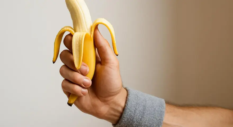 Una mano con polsino grigio tiene una banana sbucciata, pronta per la banana prima della partita.