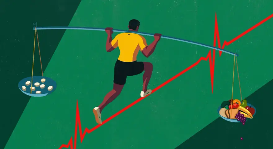 Un atleta corre su una linea che rappresenta un elettrocardiogramma, bilanciando pillole e cibo sano. Quante uova si possono mangiare al giorno?