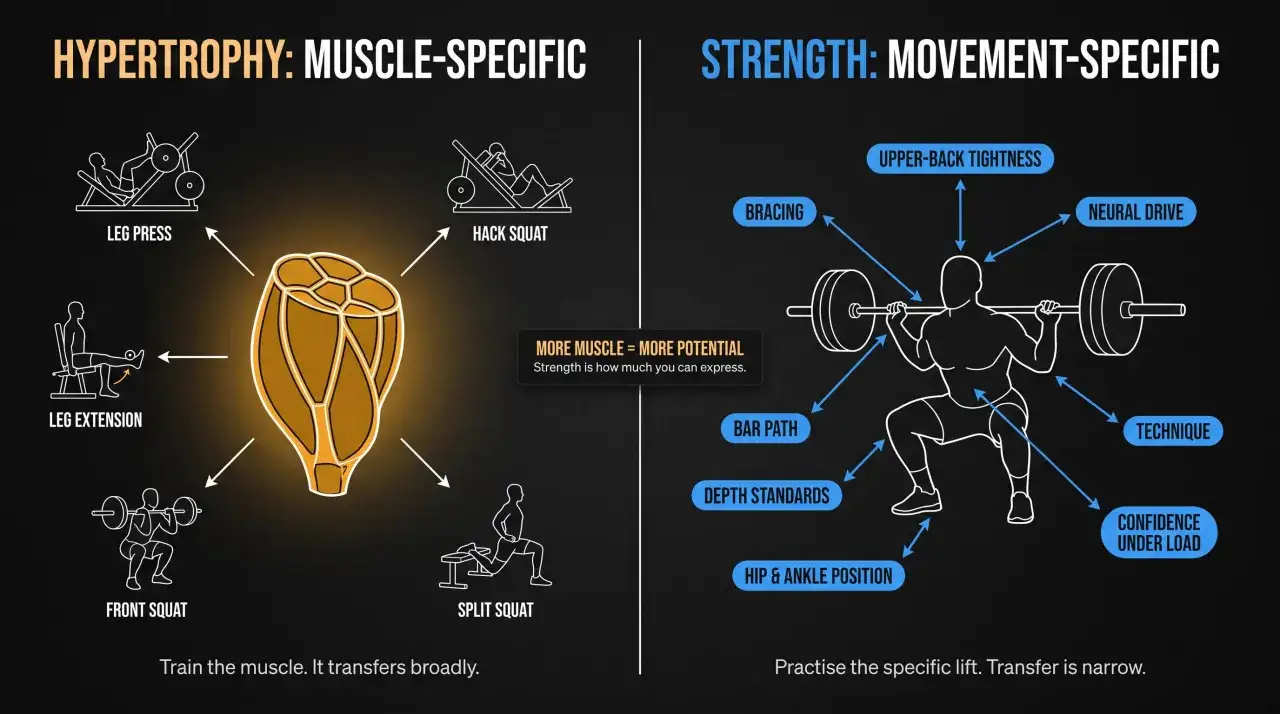 L'ipertrofia muscolare si ottiene con esercizi specifici come leg press e squat. Pi&ugrave; muscolo hai, pi&ugrave; potenziale di forza esprimi.