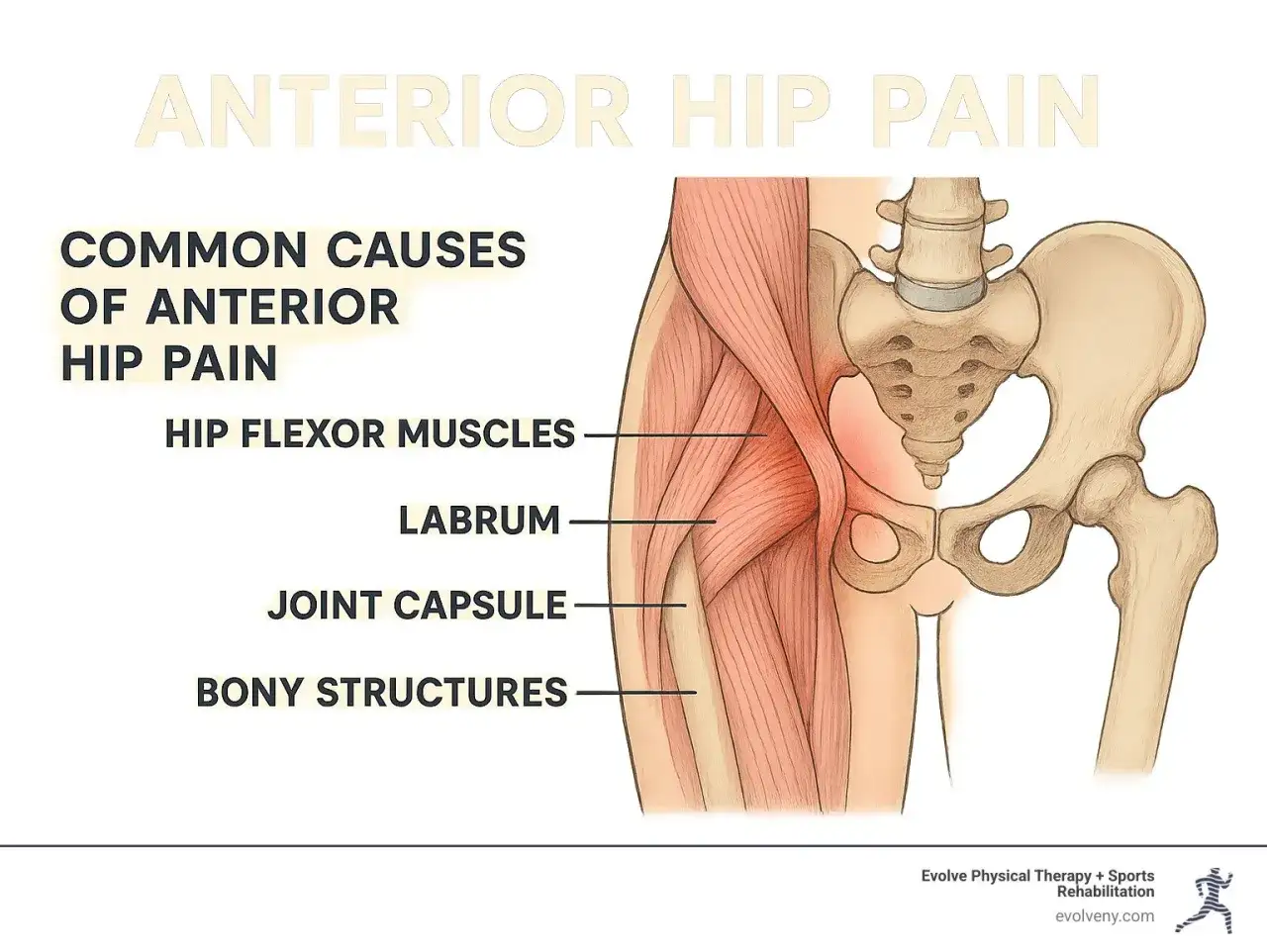 Anatomia dell'anca che illustra le cause del dolore anteriore: muscoli flessori, labbro acetabolare, capsula articolare e strutture ossee. Utile per chi cerca rimedi naturali per il dolore all'anca.