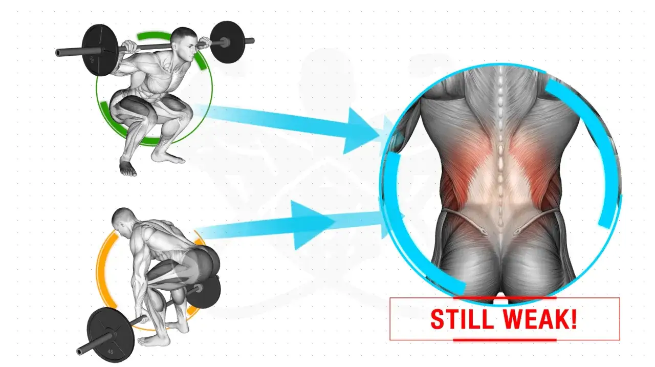Allenamento per rafforzare i lombari muscoli con squat e stacchi. L'immagine mostra la muscolatura lombare evidenziata in rosso, indicando che è ancora debole.