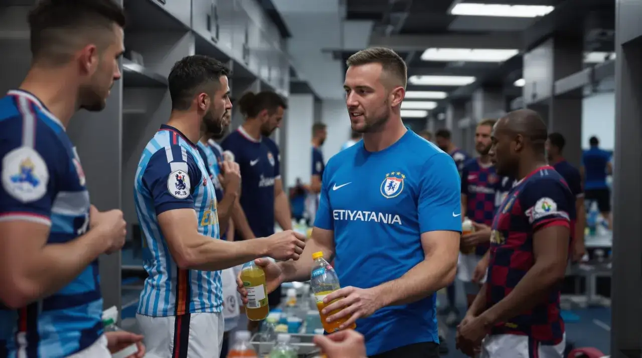 Giocatori di calcio si scambiano bevande energetiche, un ottimo modo per capire cosa bere prima di una partita di calcio.