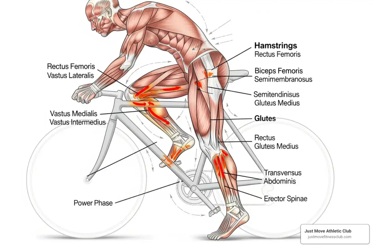 Anatomia muscolare di un ciclista: evidenziati i muscoli delle gambe, come quadricipiti e glutei, attivi nella fase di spinta.