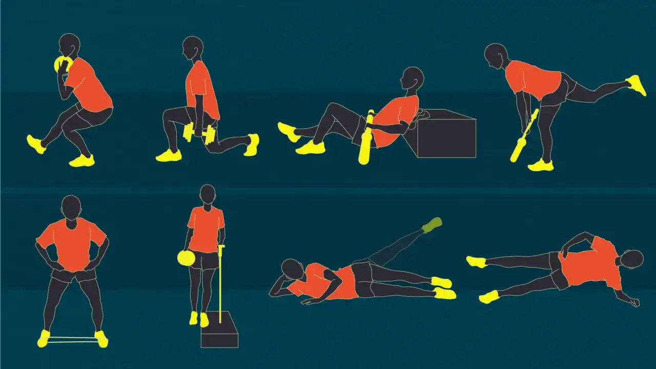 Esercizi per sciogliere un'anca bloccata: squat a gamba singola, affondi, sollevamenti e stretching laterale.