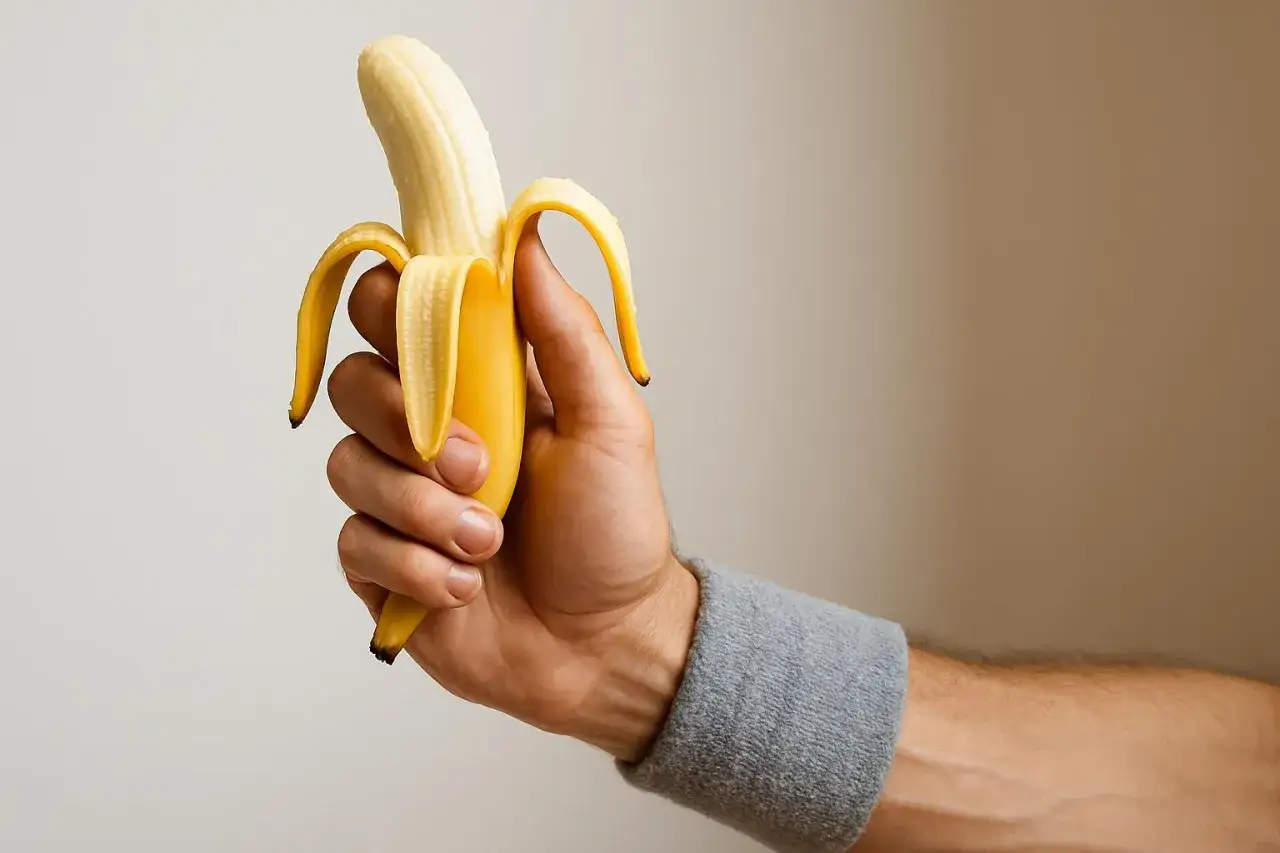 Una mano con polsino grigio tiene una banana, pronta per essere mangiata prima della partita.