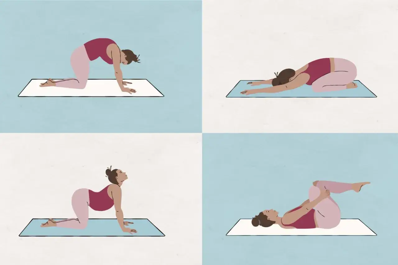 Quattro posizioni yoga per esercizi che sbloccano la schiena: gatto, bambino, mucca e ginocchia al petto.