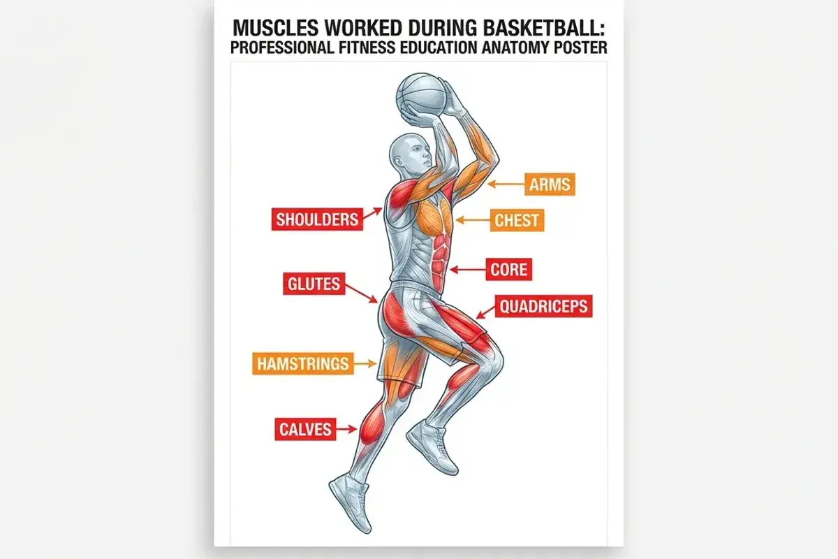 Anatomia del basket: evidenzia i muscoli schiena, core, gambe e braccia attivati durante il gioco.