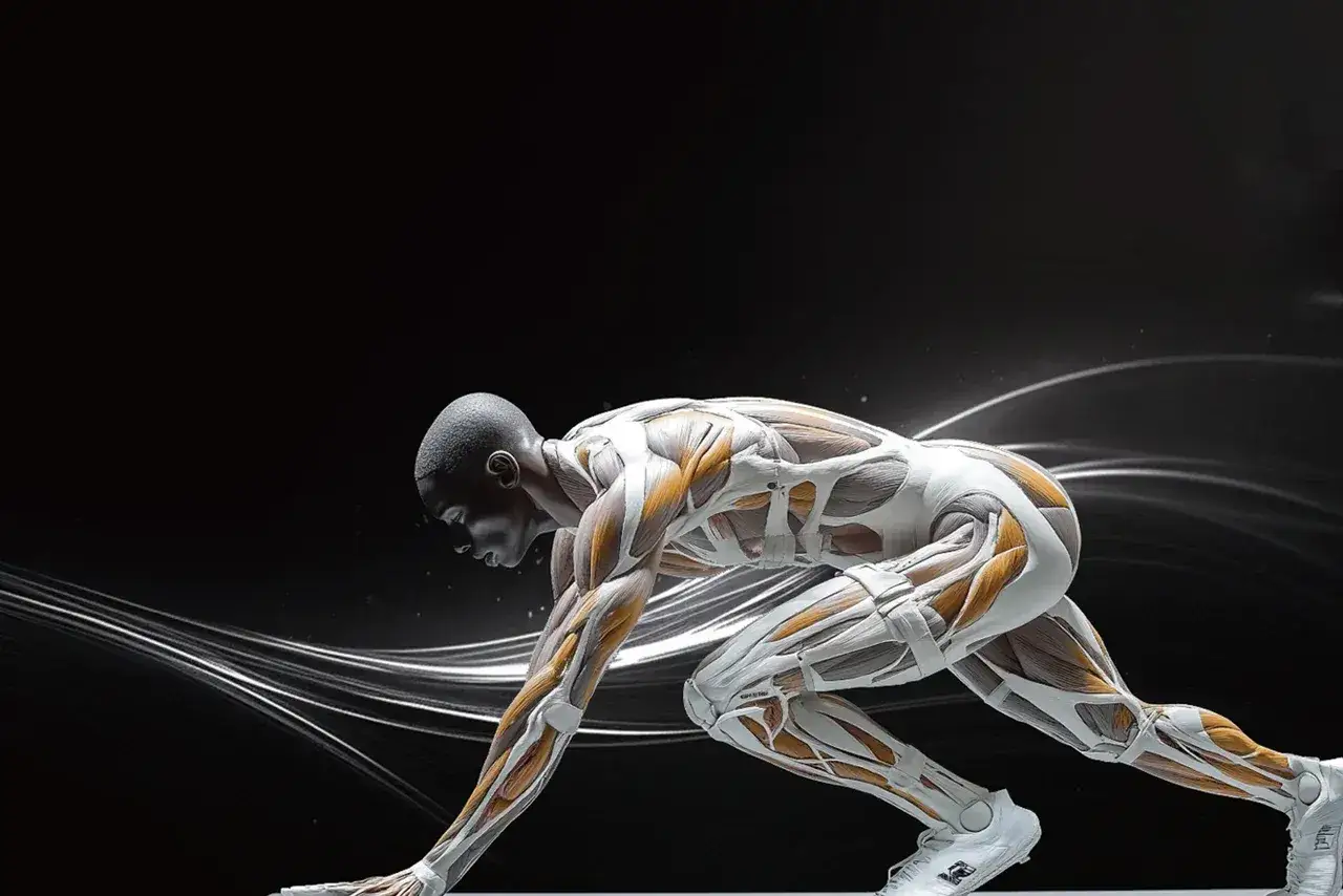 Atleta in posizione di partenza, con muscolatura evidenziata. La laser terapia a cosa serve? A rigenerare e potenziare.