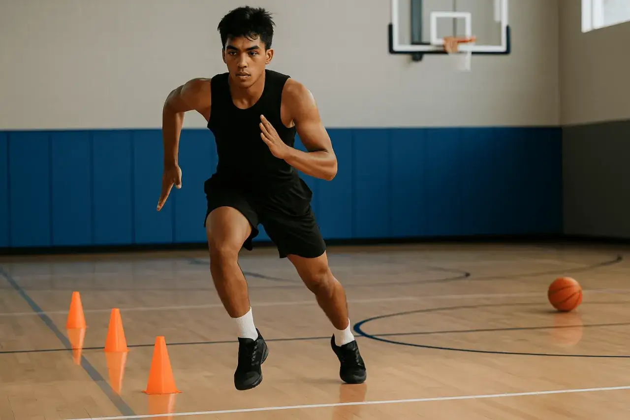 Giovane atleta in allenamento in palestra, concentrato sulla sua prestazione sportiva, schiva i coni arancioni.