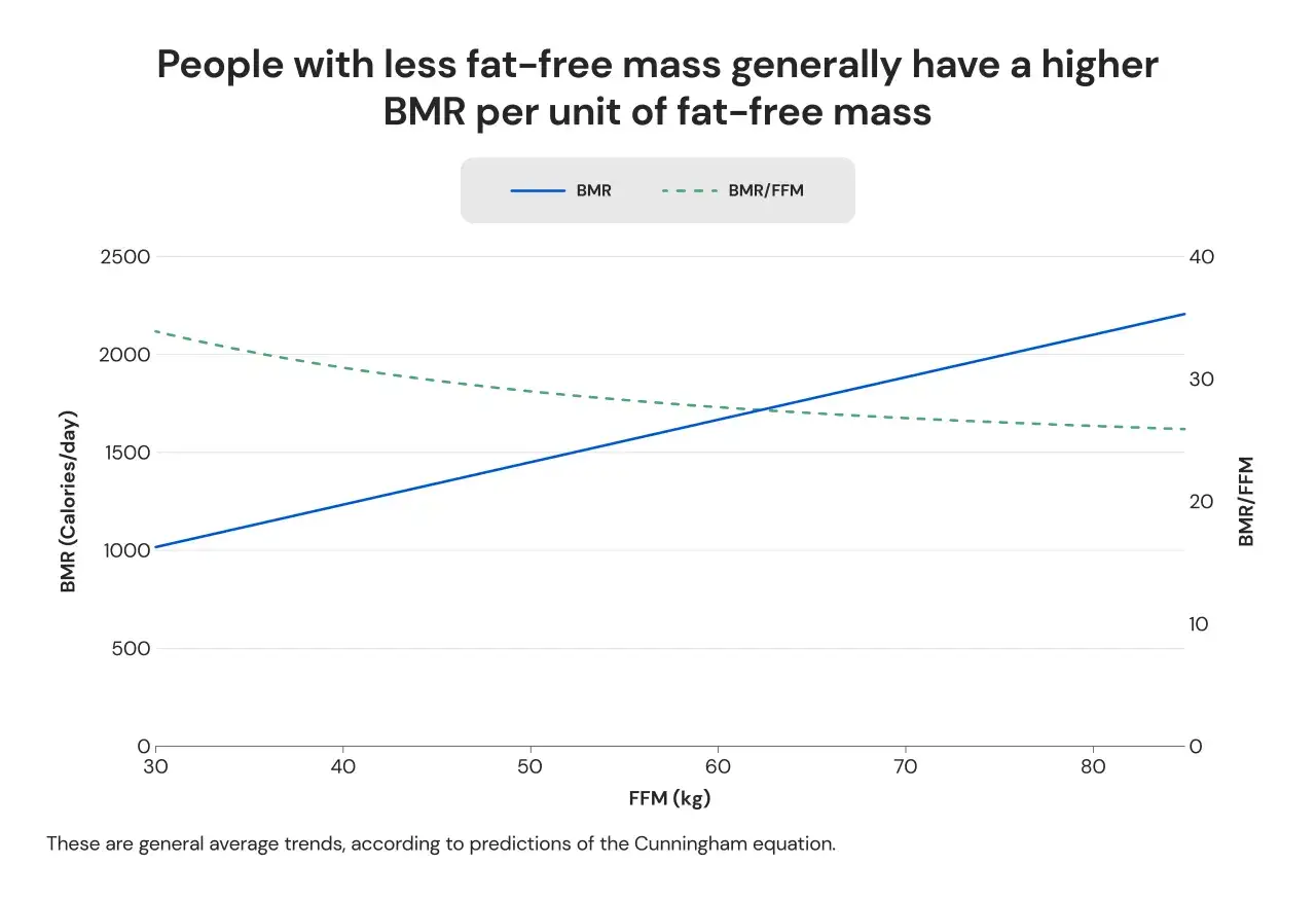 Grafico mostra BMR e BMR/FFM in funzione della massa magra (FFM). La formula di Harris Benedict non &egrave; direttamente rappresentata, ma il grafico illustra tendenze correlate.