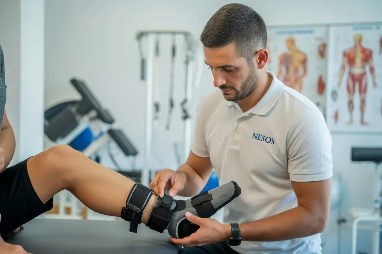 Un fisioterapista, un vero medico, applica un tutore alla gamba di un paziente in una clinica.