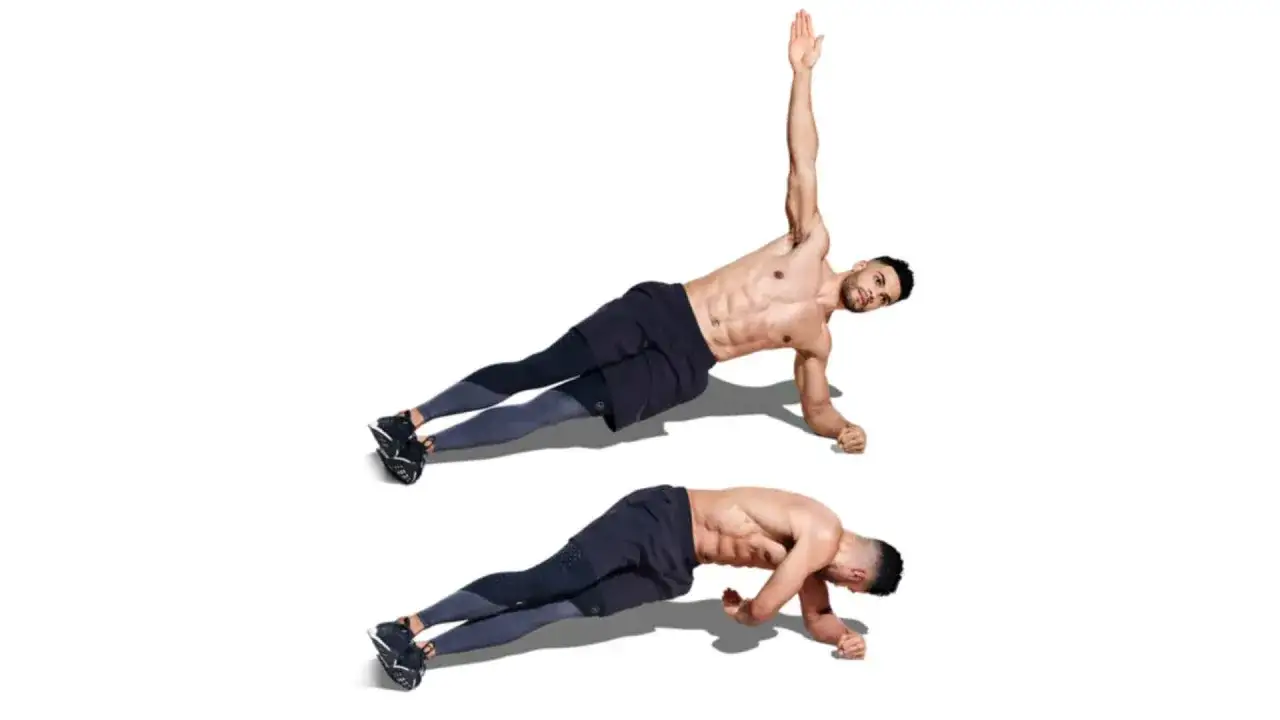 Uomo esegue plank con rotazione, sollevando un braccio verso l'alto e poi ruotando il busto verso il basso.